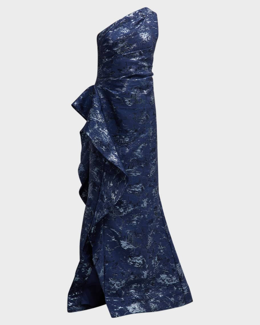 Rickie Freeman for Teri Jon Metallic Jacquard One-Shoulder Side-Ruffle Gown | Neiman Marcus