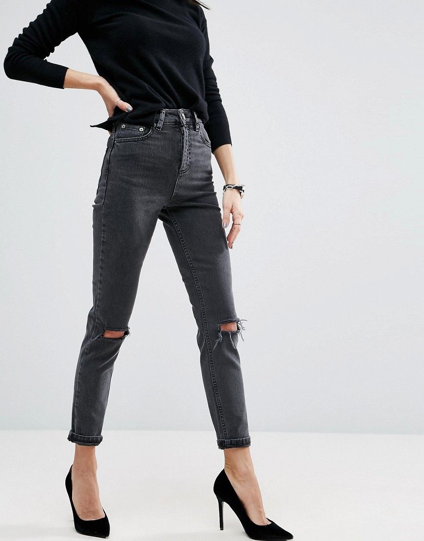 ASOS Farleigh High Waist Slim Mom Jeans In Washed Black with Busted Knees - Washed black | ASOS US