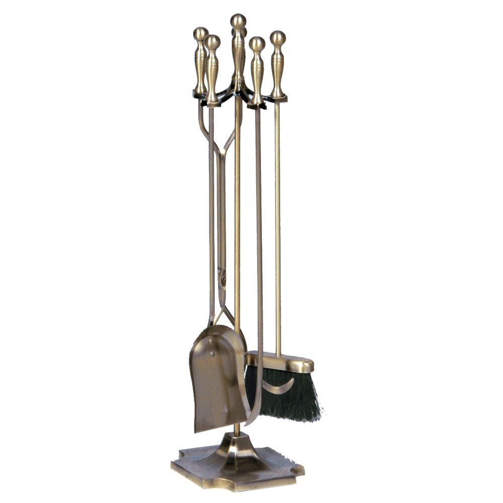 UniFlame Antique Brass 5-Piece Fireplace Tool Set with Heavy Weight Cast Iron Construction | The Home Depot