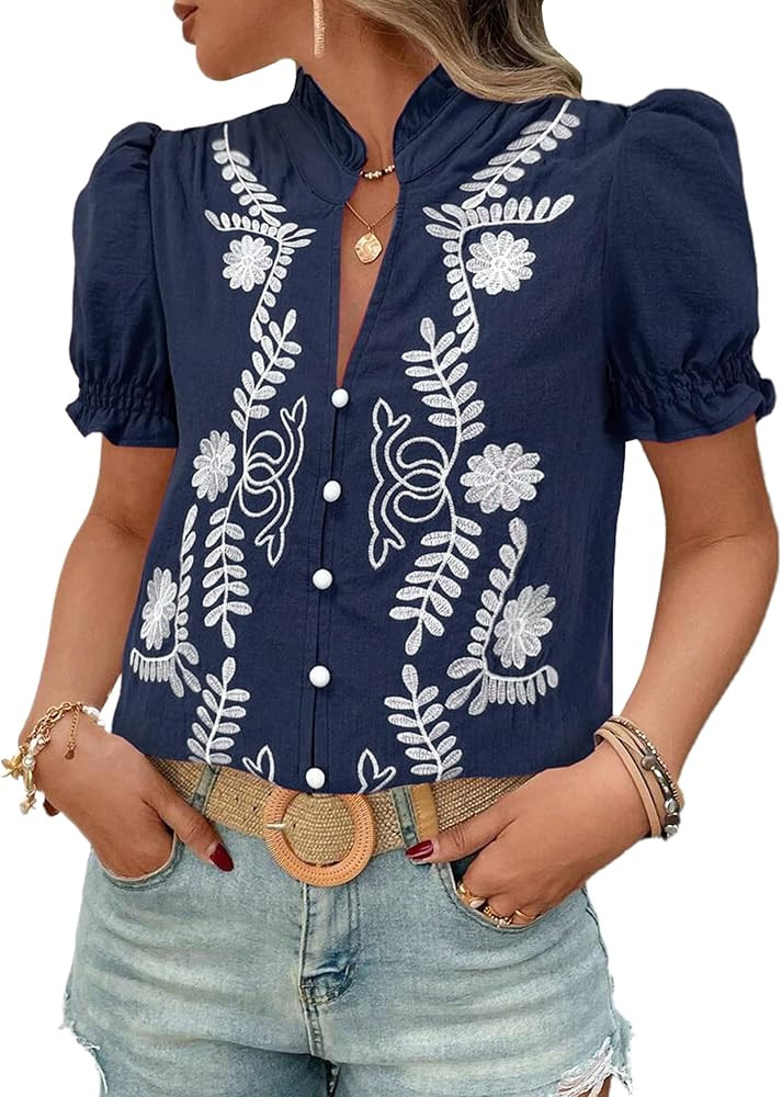 Women's Summer Tops 2026 Casual Ruffle V Neck Puff Short Sleeve Button Down Shirts Embroidered Bl... | Amazon (US)