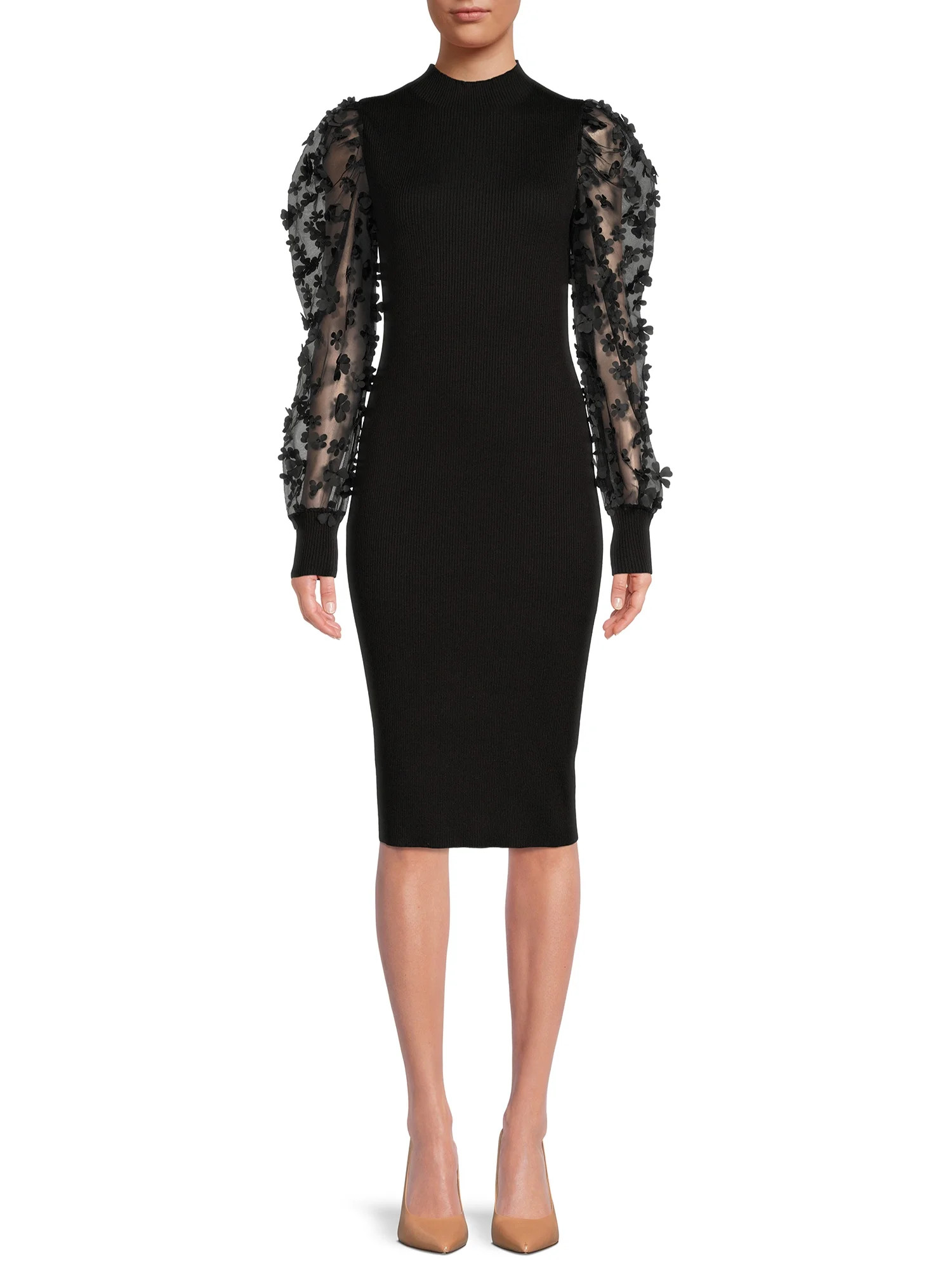 No Boundaries Juniors' Funnel Neck Midi Dress with Sheer Sleeves - Walmart.com | Walmart (US)