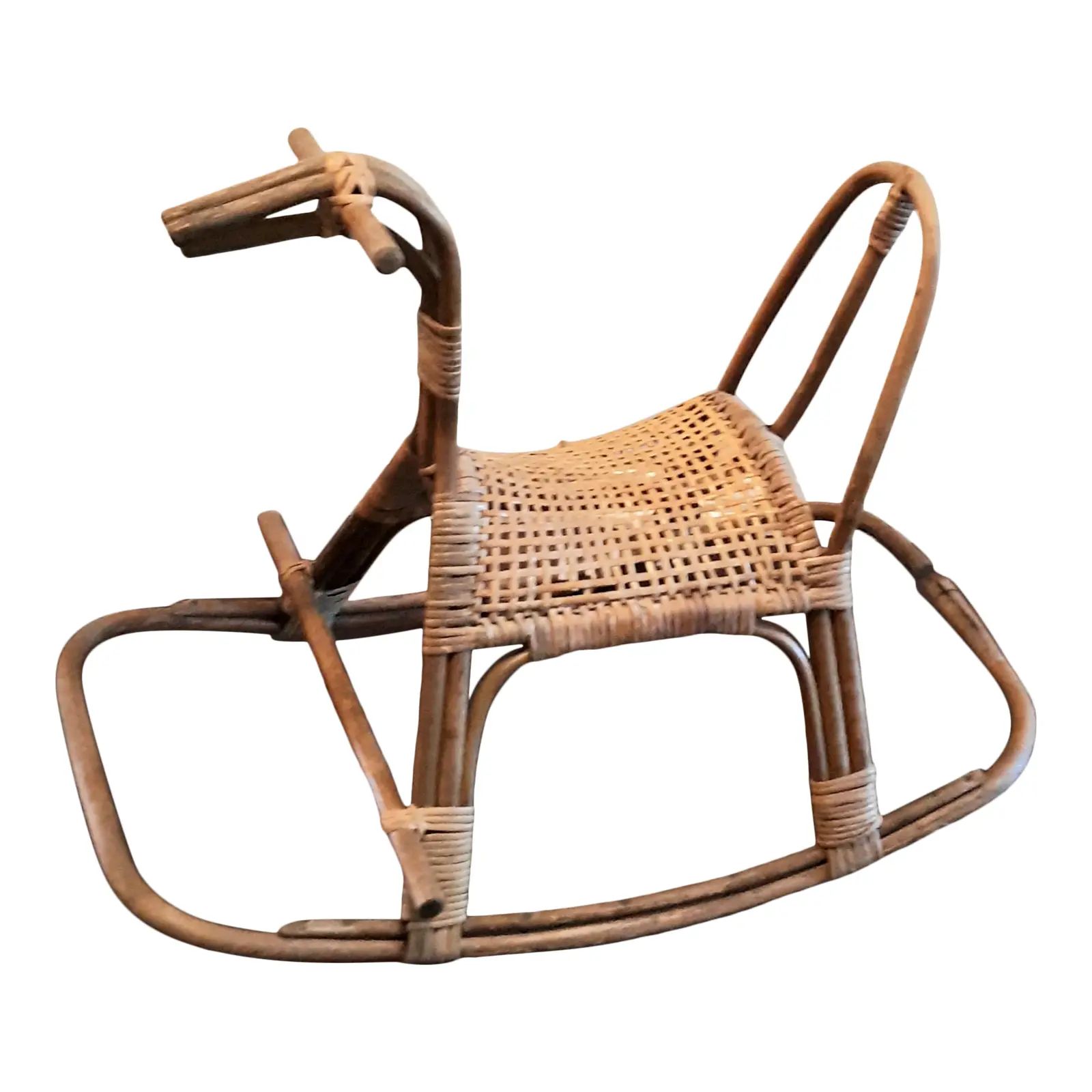 Vintage Franco Albini Mid Century Modern Wicker Rattan Child Rocking Horse | Chairish