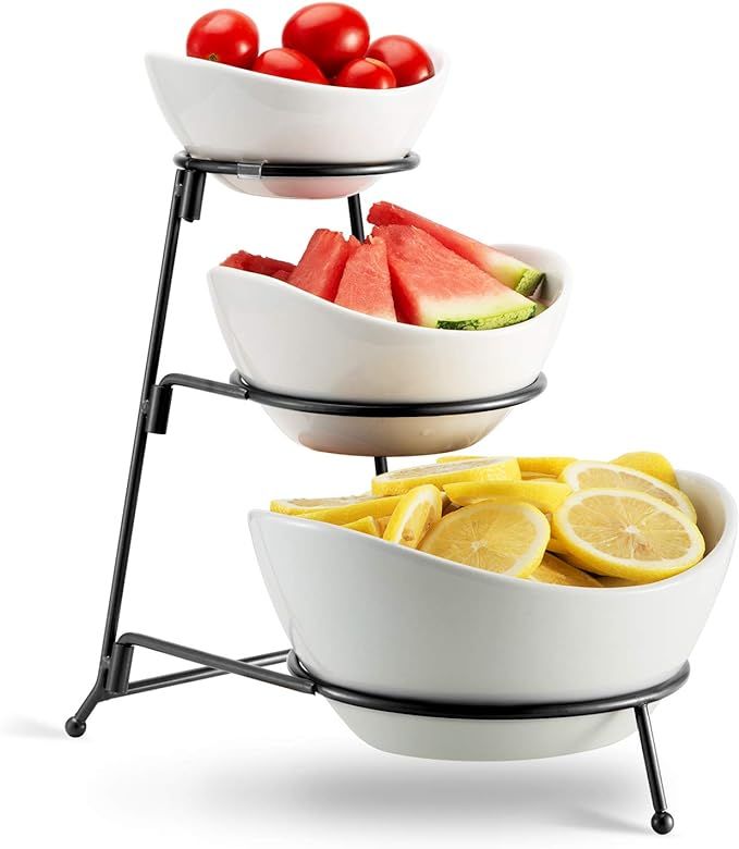 3 Tier Oval Bowl Set with Metal Rack,HabiLife Three Ceramic Fruit Bowl Serving - Tiered Serving S... | Amazon (US)