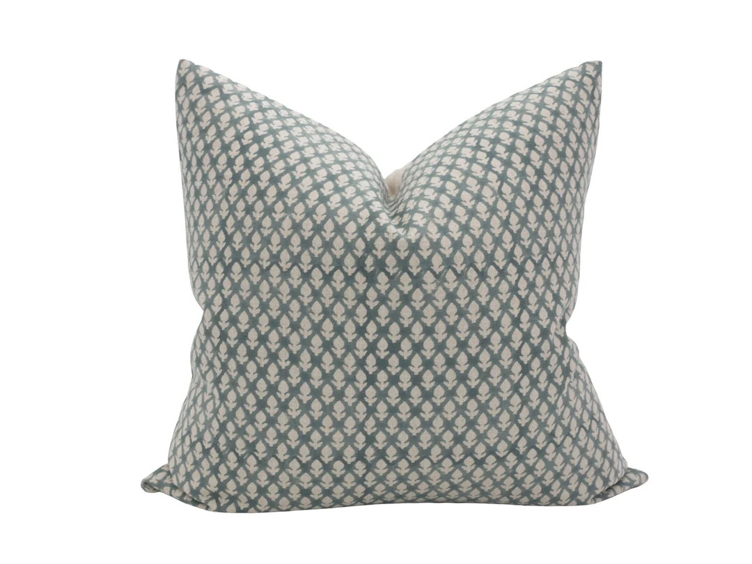 GIANNA || Block Print Pillow Cover Blue Block Print Pillow Blue Floral Pillow Blue Linen Pillow C... | Etsy (US)