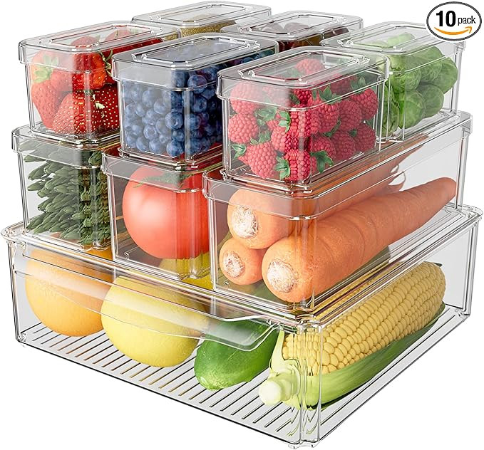 10 Pack Refrigerator Organizer Bins Stackable with Lids, Clear Fridge Organizers and Storage, Kit... | Amazon (US)