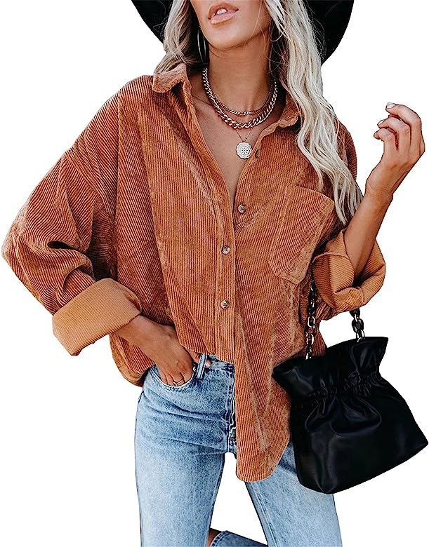 Women Corduroy Shirts Long Sleeve Button Down Shirt Casual Warm Oversized Jacket Blouses Tops Shi... | Amazon (US)