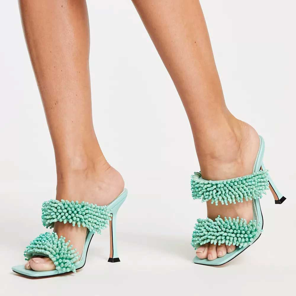 Elegant Turquoise Beaded Decor Party Heels Square Toe Mules Sandals | FSJshoes.com