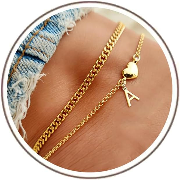 2Pcs Waterproof Initial Anklets for Women 14K Gold Plated Dainty Layered Letter A-Z Pendant Heart... | Amazon (US)