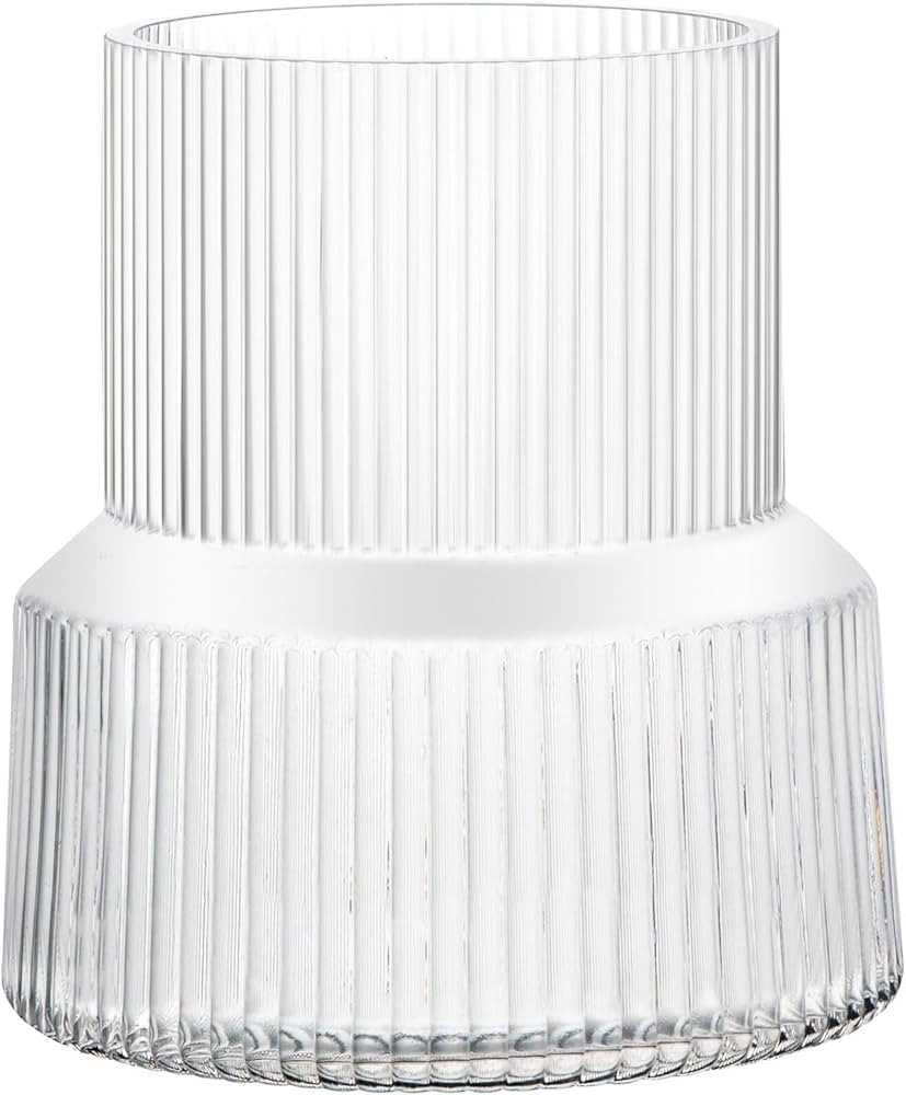 Tall Clear Glass Flower Vase - 8 Inch Cylinder High Wide Mouth Ribbed Fluted Bud Vase - Modern We... | Amazon (US)