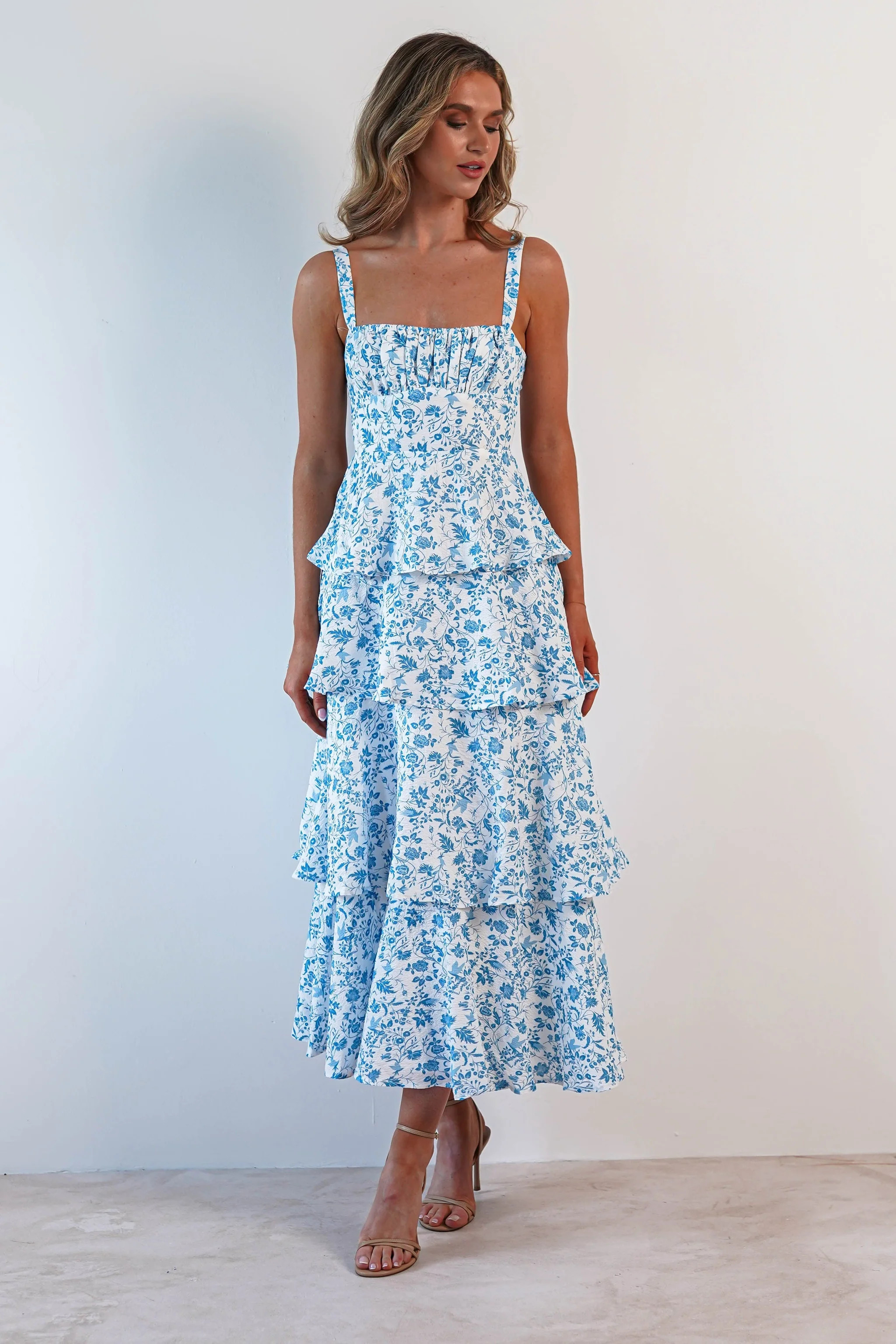 Emily Floral Ruffle Maxi Dress | Blue/White | Oh Hello Clothing