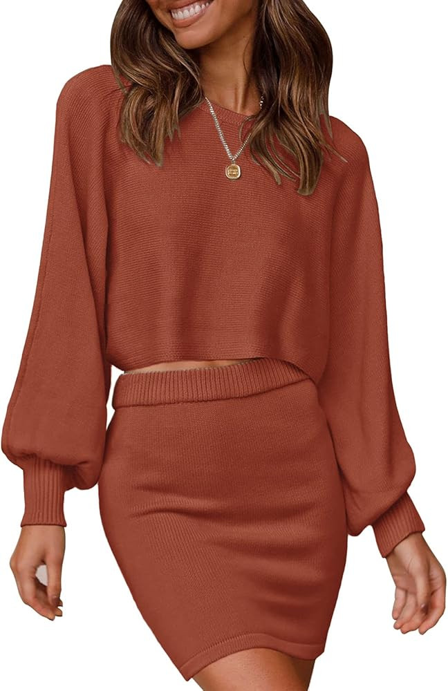 MEROKEETY Women's Puff Sleeve 2 Piece Knit Outfits Solid Color Crop Top Bodycon Skirt Set Sweater | Amazon (US)