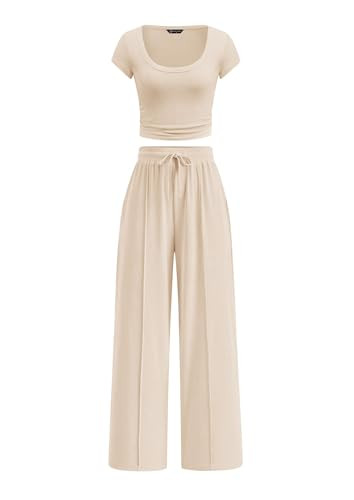 PRETTYGARDEN Women's Summer 2 Piece Matching Lounge Sets Short Sleeve Crop Tops Wide Leg Pants 20... | Amazon (US)