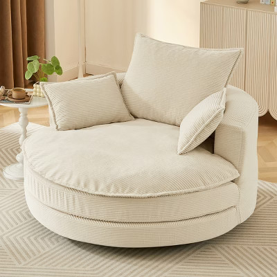 Oversized Beige Corduroy Swivel Accent Chair, Deep Seat Lounge Sofa with Dual-Layer Cushion & 3 Pillows for Living Room-3irtyhousy | Target