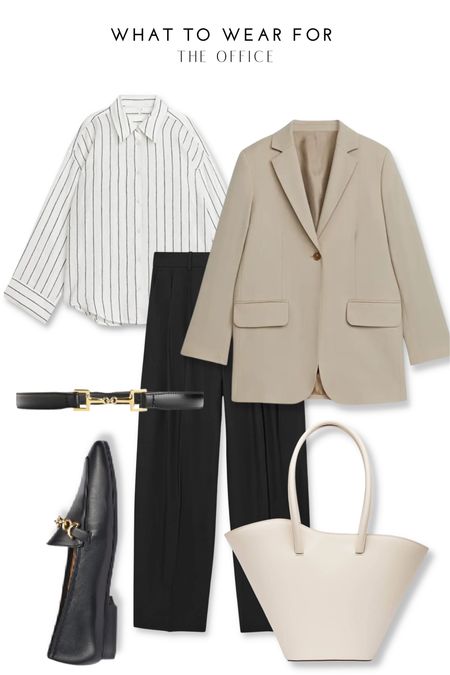 Office workwear inspo 👉 styling black wide leg trousers with a neutral beige blazer, black loafers, stripe shirt & white tote bag for a classic & chic look.

#LTKSeasonal #LTKworkwear #LTKstyletip