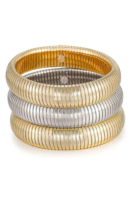 Ettika Set of 3 Two Tone Stretch Cuff Bracelets in Mixed Metal at Nordstrom | Nordstrom