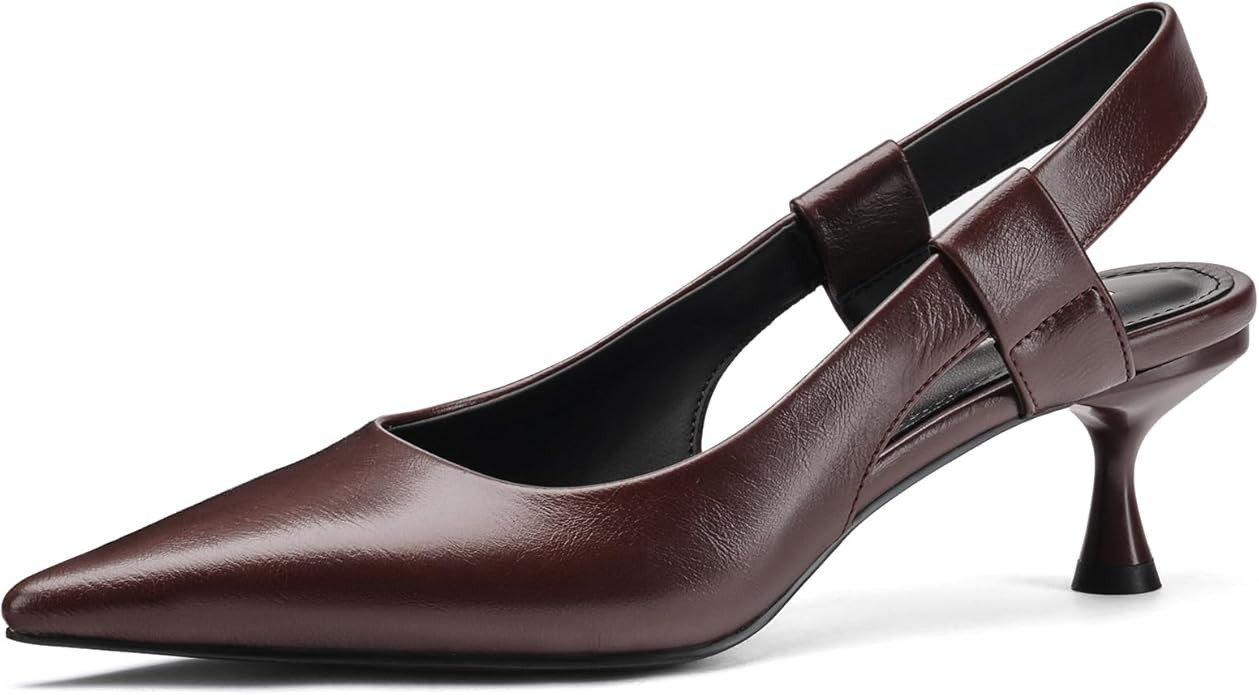 Pointed Toe Slingback Kitten Heels for Women, Leather Stiletto Heel Pumps with Elastic Strap Eleg... | Amazon (US)