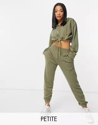 Missguided Petite cropped hoodie and sweatpants set in khaki | ASOS (Global)