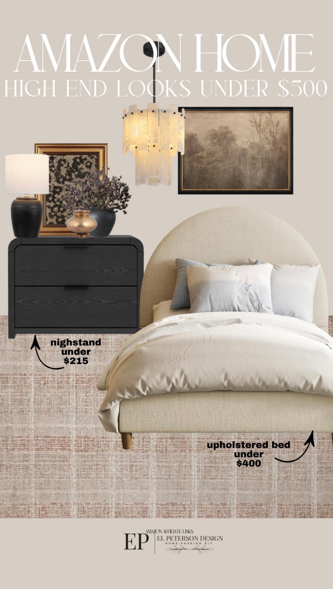 Amazon
Upholstered bed
Artwork
Nightstand
Stems
Vase
Table lamp
Pendant light 

#LTKHome