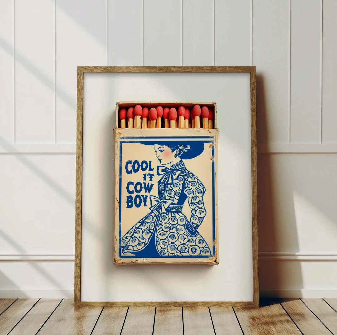 Cool It Cowboy Matchbook Print Retro Bar Cart Art Blue White Decor Vintage Cowgirl Valentines Day... | Etsy (US)