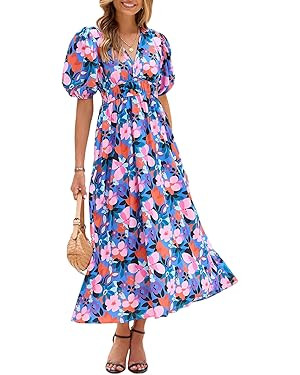 Women's Boho Floral Print Midi Dress Short Sleeve Summer Long Dress | Amazon (US)