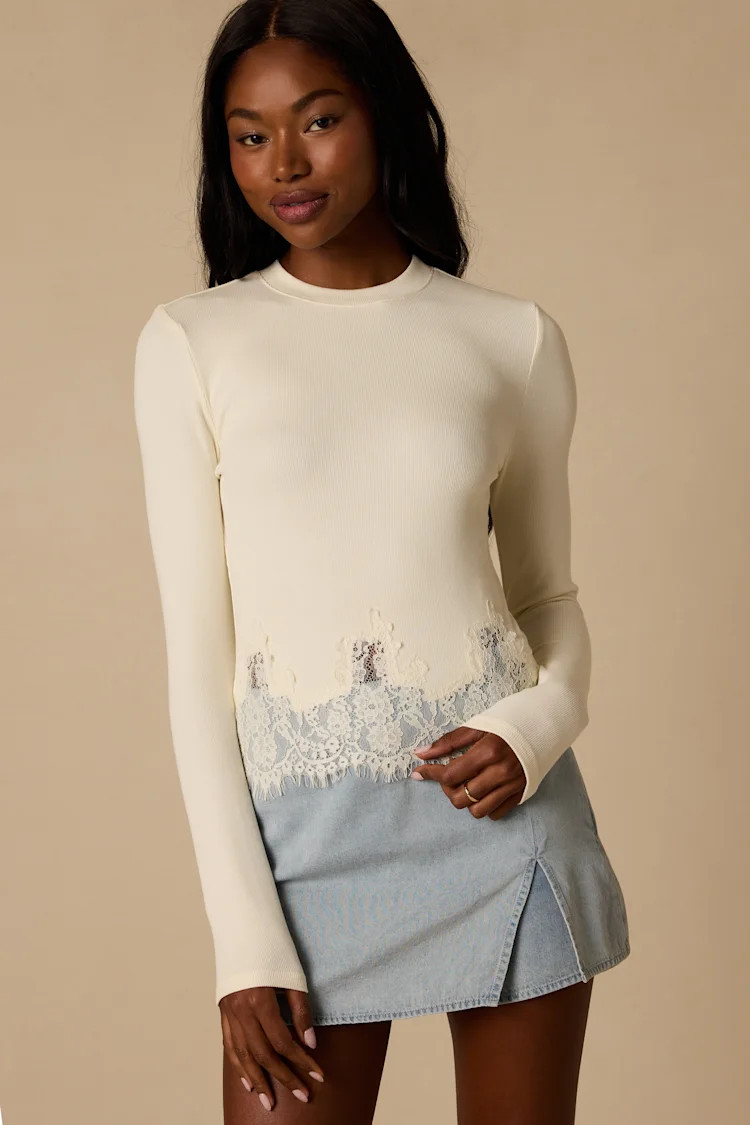 Clarise Ivory Ribbed Knit Lace Long Sleeve Top | Lulus