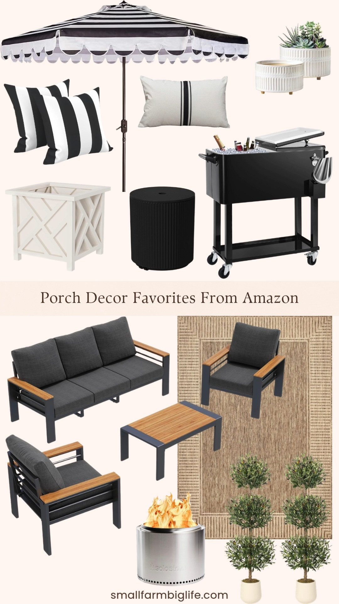 Porch and patio season is here and I rounded up all my favorite outdoor decor finds from Amazon! From a sleek black patio furniture set and a classic black and white stripe umbrella to a rolling ice chest, smokeless fire pit, artificial olive topiary, lattice planter boxes, the prettiest outdoor rug, and the most beautiful striped and neutral throw pillows, these are the pieces that make your outdoor space feel like a true extension of your home. So many beautiful finds at amazing prices. Linking everything below! 

 #LTKSeasonal #LTKHome