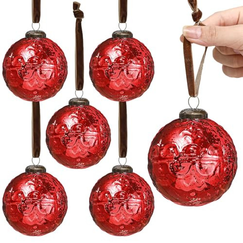 Threan 6 Pcs Large Vintage Mercury Glass Christmas Ornaments 3.15" Hanging Christmas Ball Ornaments Antique Embossed Ball Decorations for Xmas Tree Garland Wreath Holiday Decor(Red,Etched) | Amazon (US)