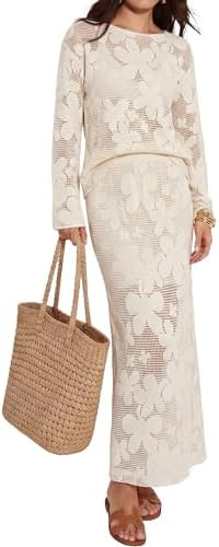 Glamaker Womens Crochet Cover Up 2 Piece Skirt Set Summer Long Sleeve Floral Midi Skirt Sets Trav... | Amazon (US)