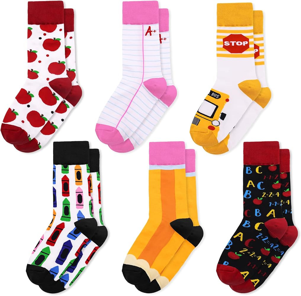 Vansolinne 6 Pairs Funny Women Casual Crew Socks for Teacher Student, Nice Teacher Appreciation G... | Amazon (US)