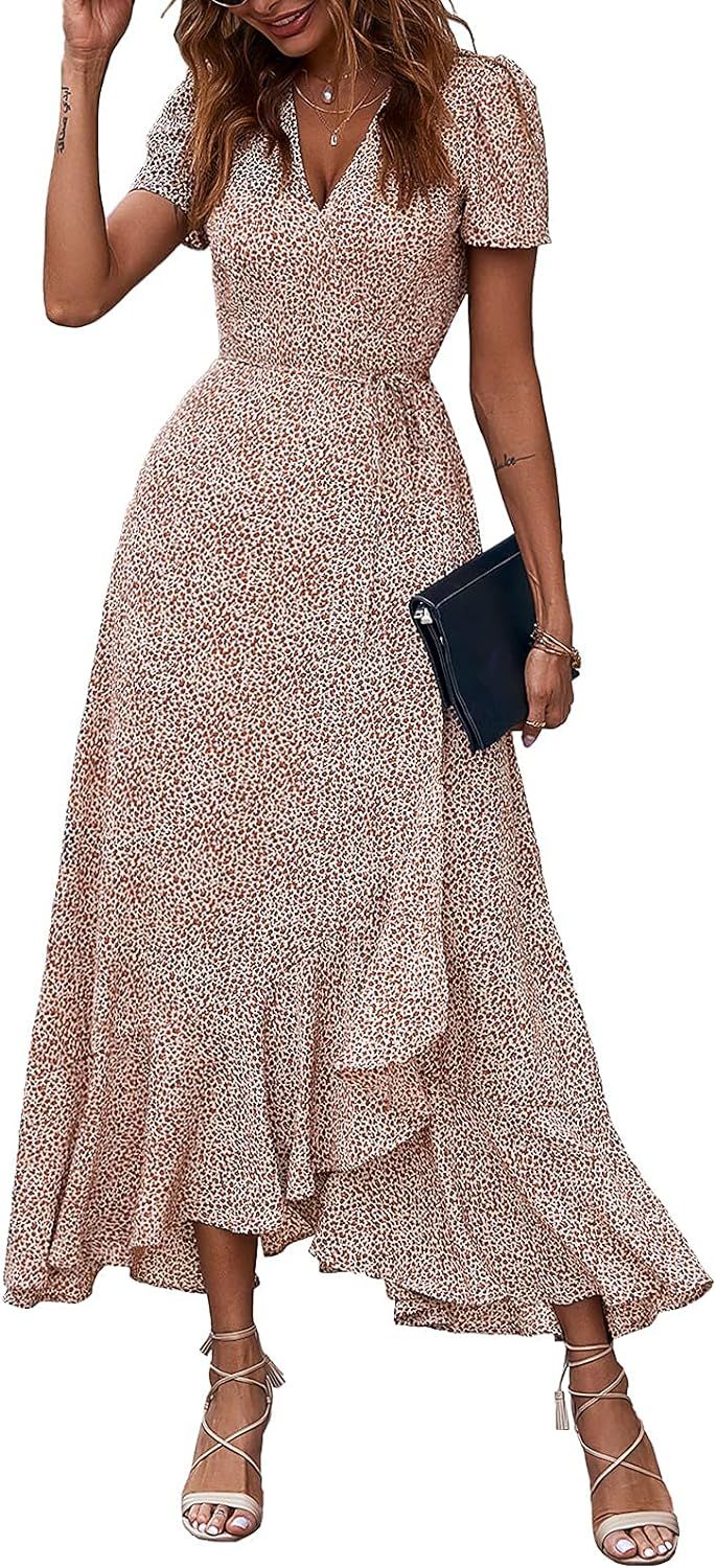 PRETTYGARDEN Women's Summer Wrap Maxi Dress Casual Boho Floral V Neck Short Sleeve Ruffle Hem Spl... | Amazon (US)