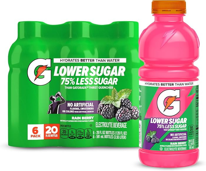 Gatorade Lower Sugar Sports Drink, Rain Berry, 20 fl oz Bottles, (6 Pack) | Amazon (US)