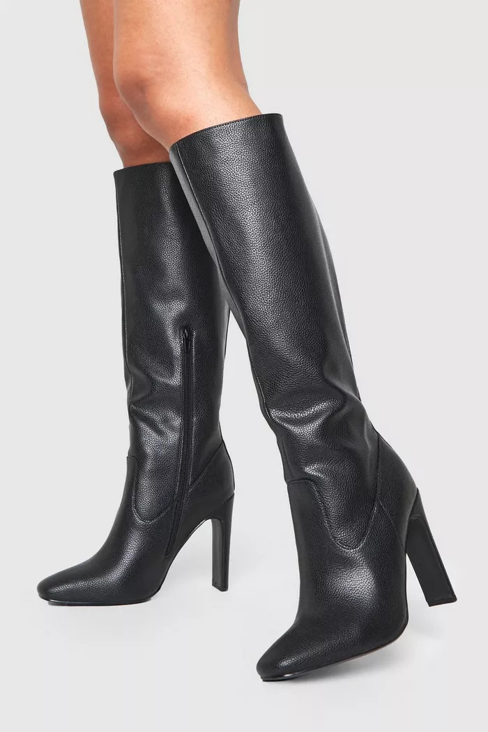 Textured Low Heel Pointed Knee High Boots | boohoo (US & Canada)