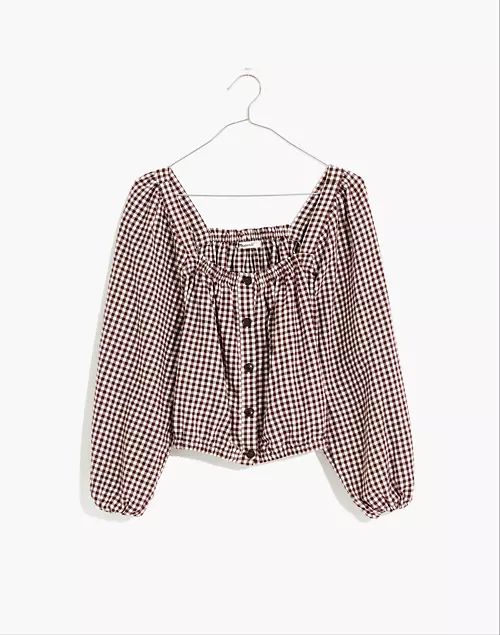 Puff-Sleeve Button-Front Crop Top in Plaid | Madewell