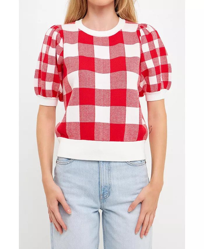 Women's Gingham Puff Sleeve Knit Top | Macy's