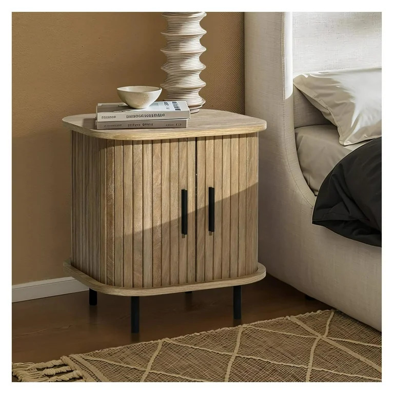LuxenHome Small Fluted Nightstand with Storage, Century Modern Sliding Door Nightstand, Boho Beds... | Walmart (US)
