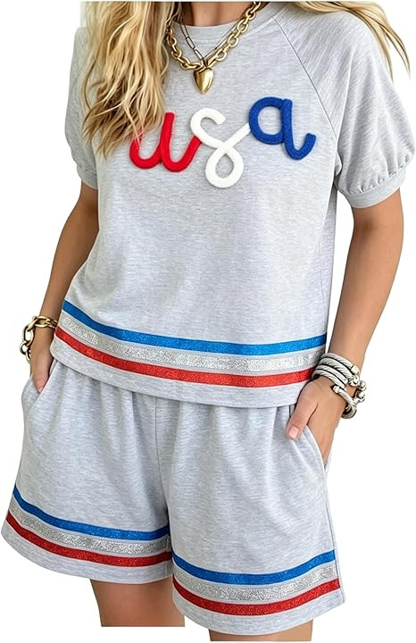 ASTANFY USA 2 Piece Short Sets 4th Of July Outfits For Women Patriotic Shirts American Flag 2 Pie... | Amazon (US)