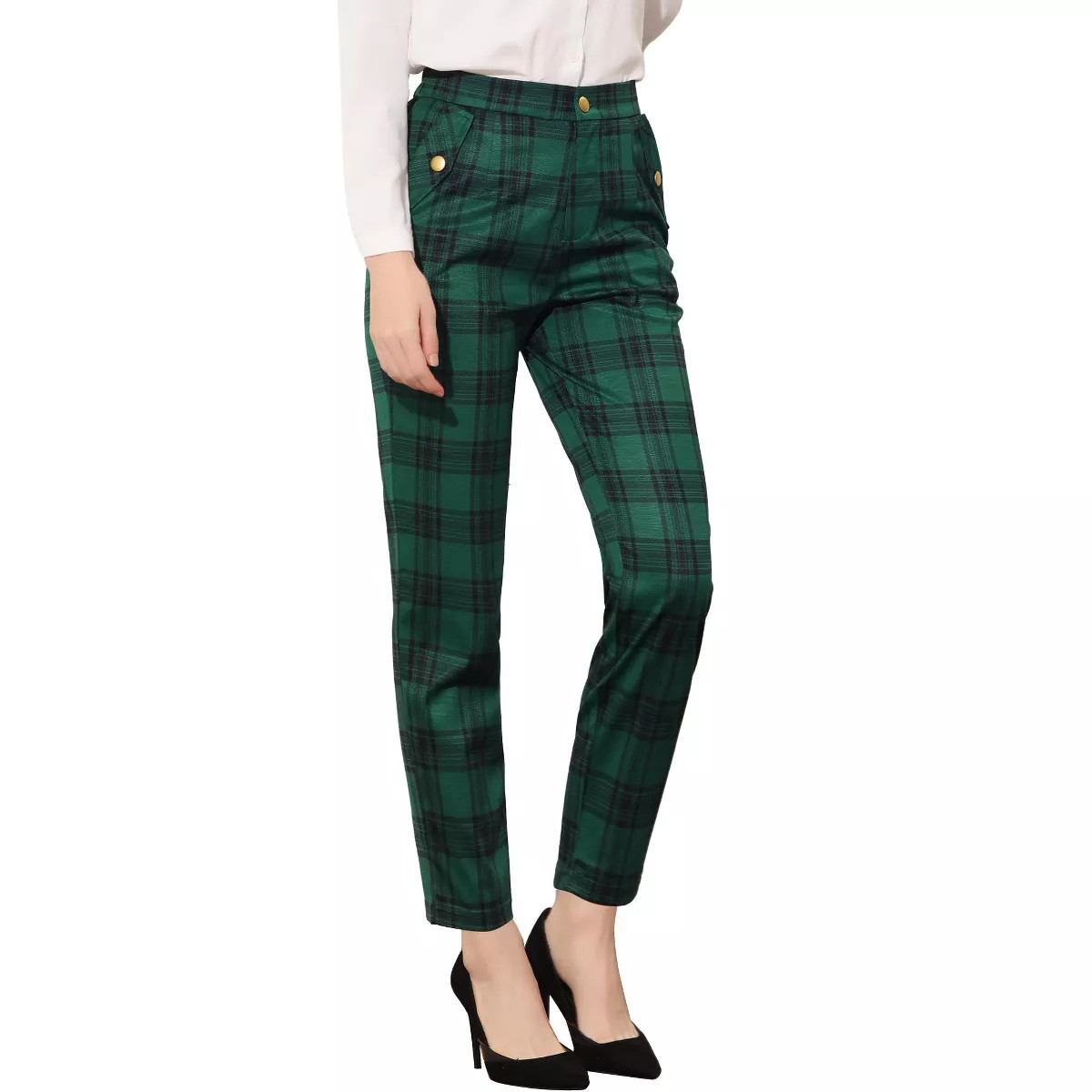 INSPIRE CHIC Women's Vintage Tartan Plaid Elastic Waist Straight Long Trousers | Target