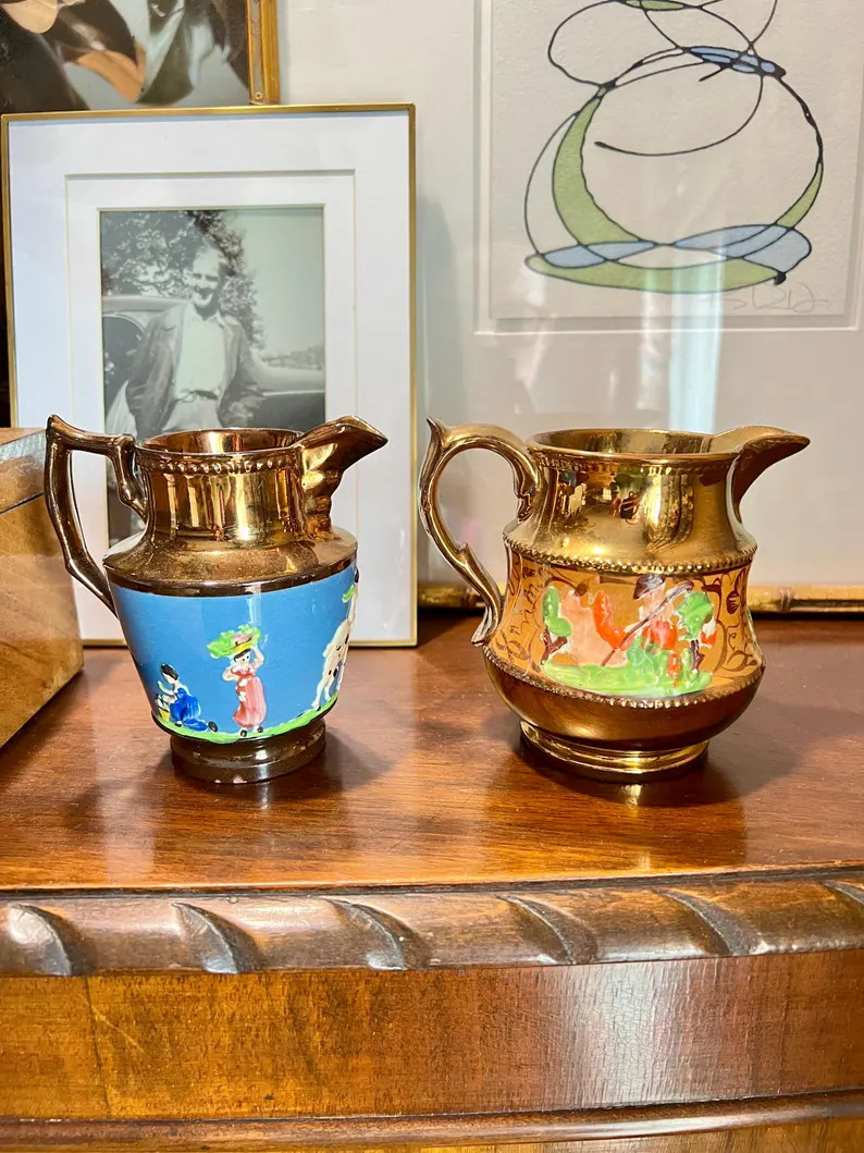 Pair of 1860s English Copper Lustreware Pitchers With Enamel Banding | Etsy (US)