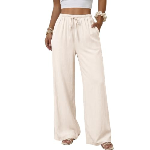 Duyang Womens Cotton Linen Palazzo Pants Drawstring Elastic Waist Casual Wide Leg Trousers with Pockets(Apricot,M) | Amazon (US)