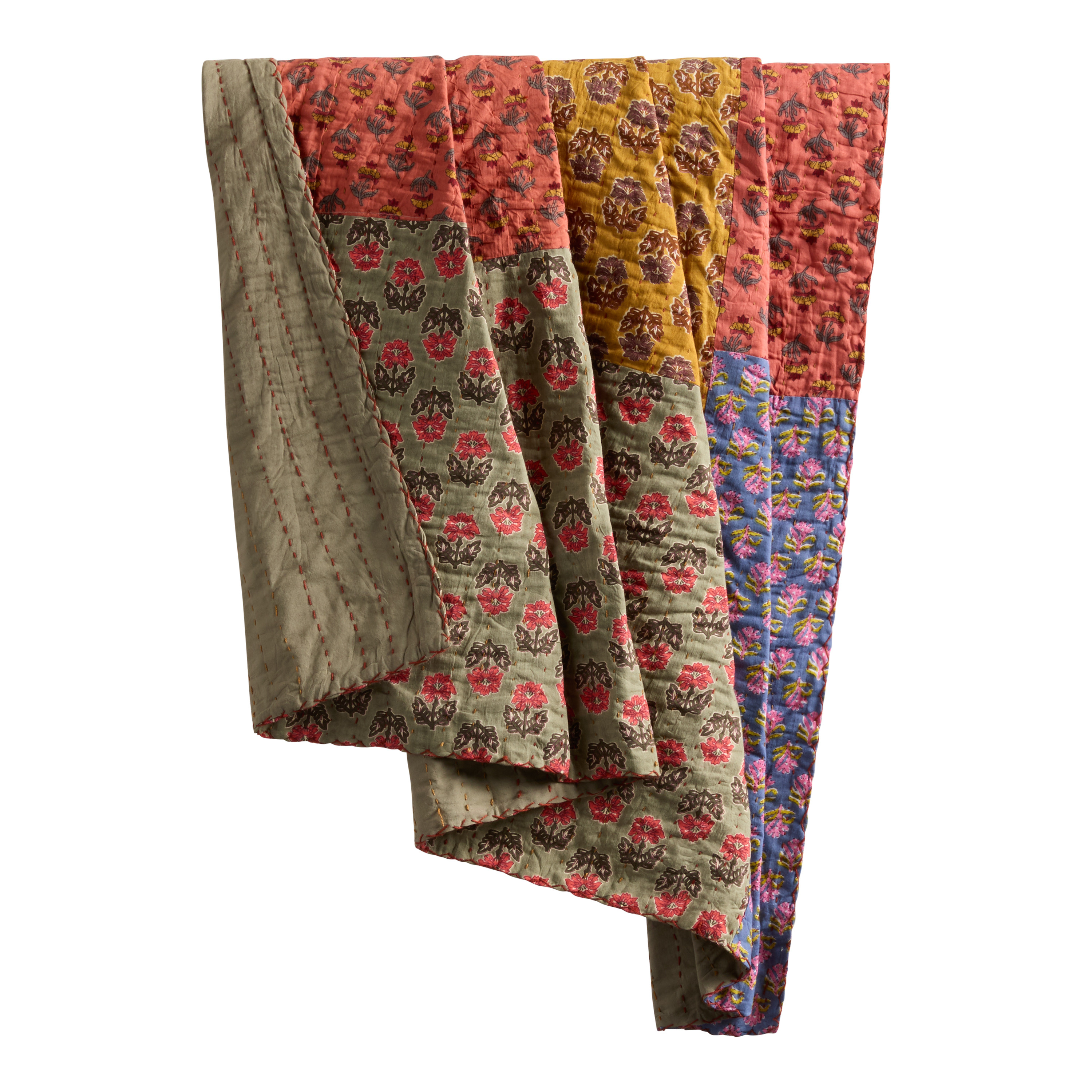 Multicolor Patchwork Floral Kantha Stitch Reversible Throw Blanket | World Market