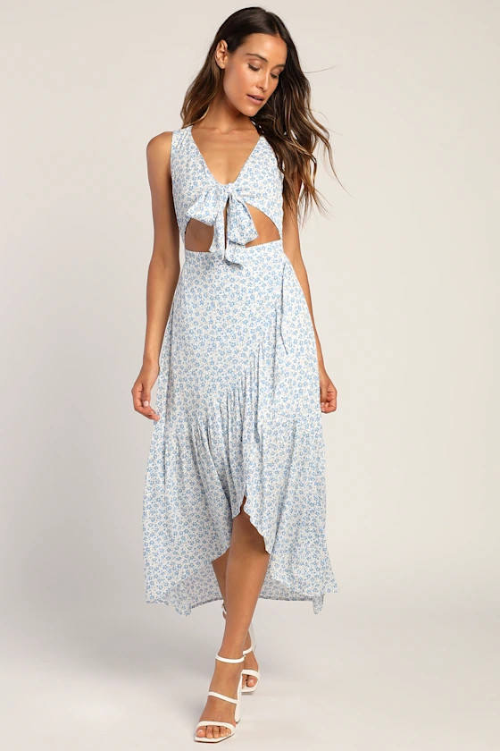 Flowery Sentiments White Floral Print Tie-Front Midi Dress | Lulus (US)