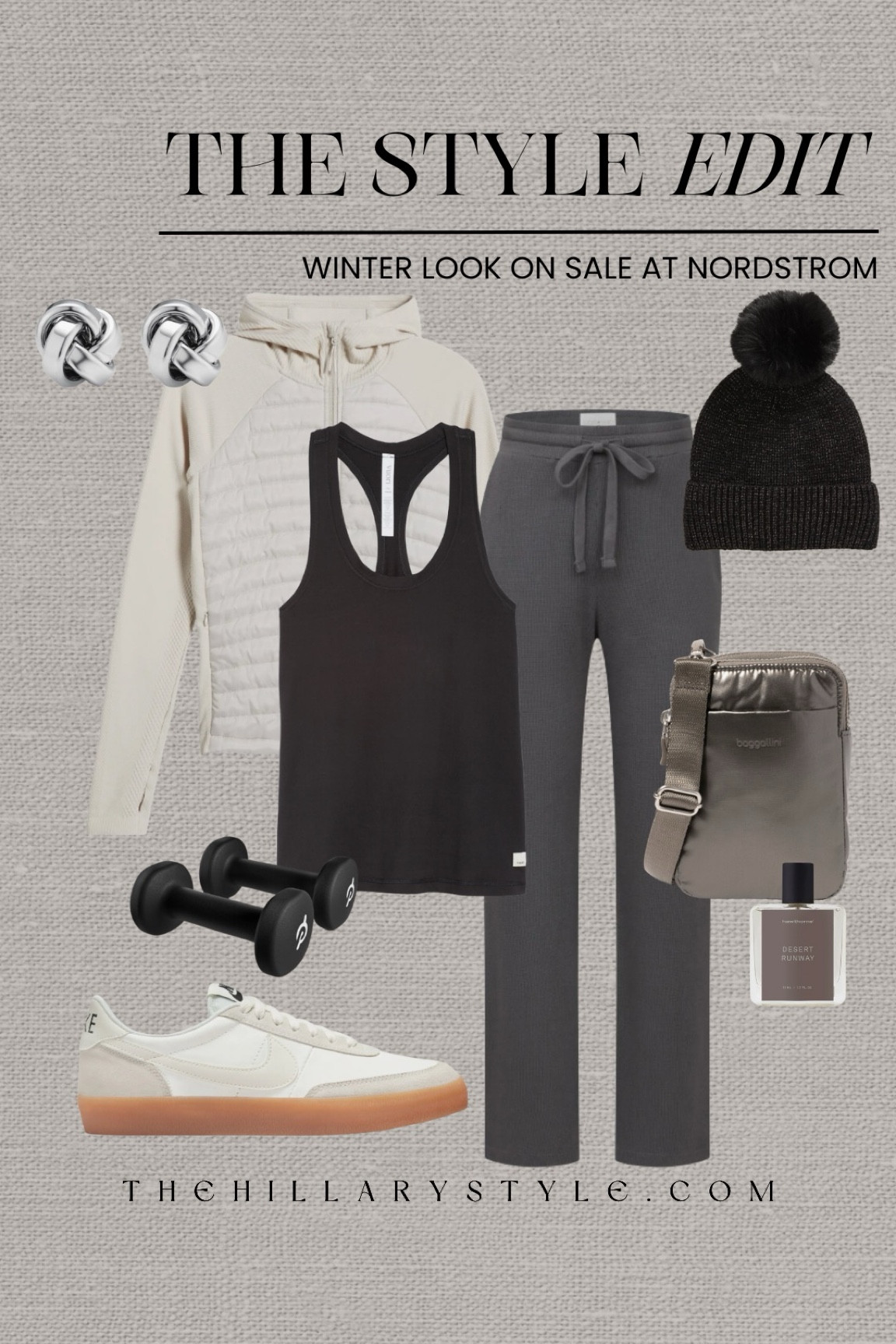 The Style Edit: Winter Athleisure Outfit on Sale at Nordstrom. Jacket, wide leg pants, workout tank, sneakers, belt bag,
knot earrings, perfume, weights, beanie. Nike, Zella, Vuori, Baggallini, Tasha, Hawthorne, Losano, Peloton. Workout outfit, casual outfit, Athleisure outfit, winter outfit, winter workout wear. 

#LTKSaleAlert #LTKActive #LTKSeasonal