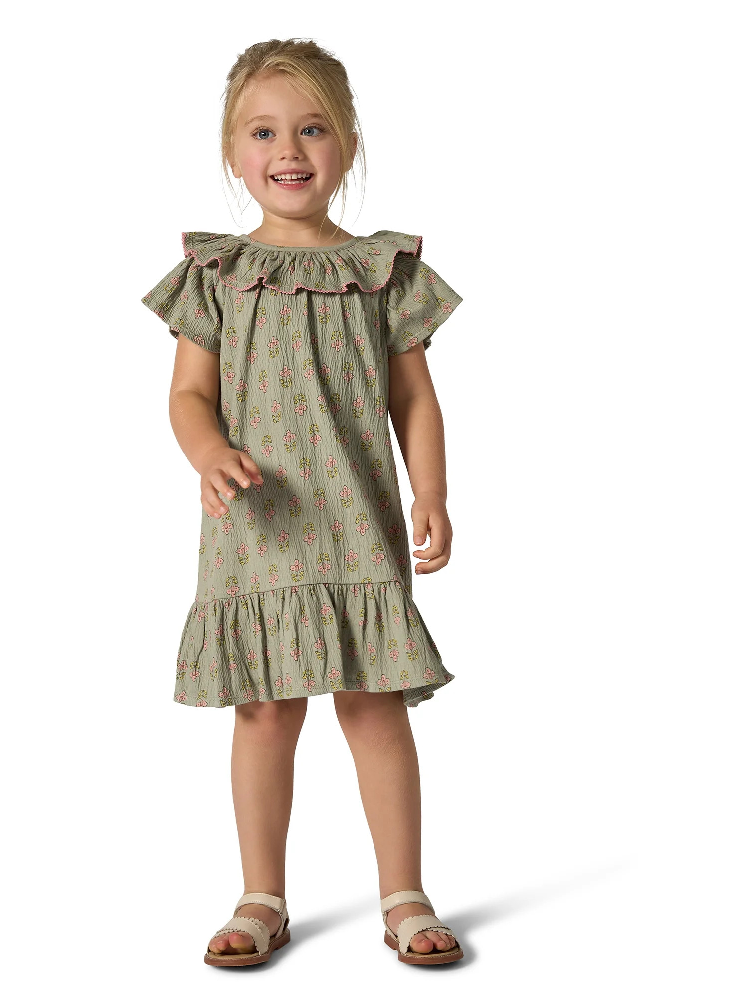 Modern Moments Toddler Girl Ruffle Neck Dress with Picot Stitch, Sizes 12M-5T | Walmart (US)