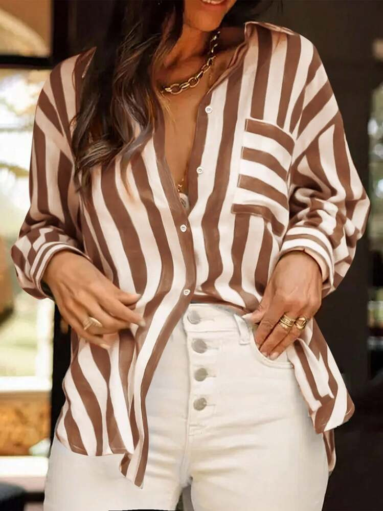 SHEIN Women Striped Drop Shoulder Long Sleeve Single-Breasted Casual Loose Shirt Fall Cloth For Women | SHEIN