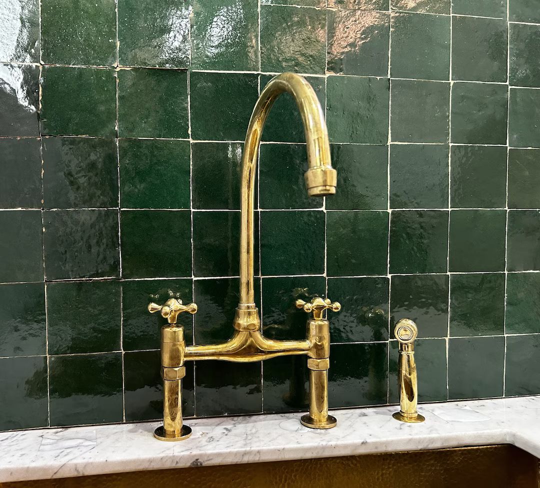Unlacquered Brass Kitchen Faucet, Farmhouse Style, 2 Handle Bridge Faucet Sink With Sprayer & Bra... | Etsy (US)