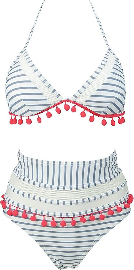 COCOSHIP Women's Mesh Striped High Waist Bikini Set Tassel Trim Top Halter Straps Swimsuit(FBA) | Amazon (US)