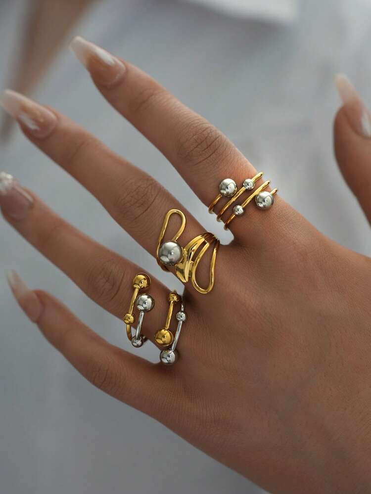 Frminee 3pcs/1pc Summer Minimalist Fashion Gold & Silver Steel Bead Open Ring, 18K Gold Plated Stainless Steel Rings For Women, Suitable For Daily Wear, Vacation, Beach, Waterproof, High Quality | SHEIN