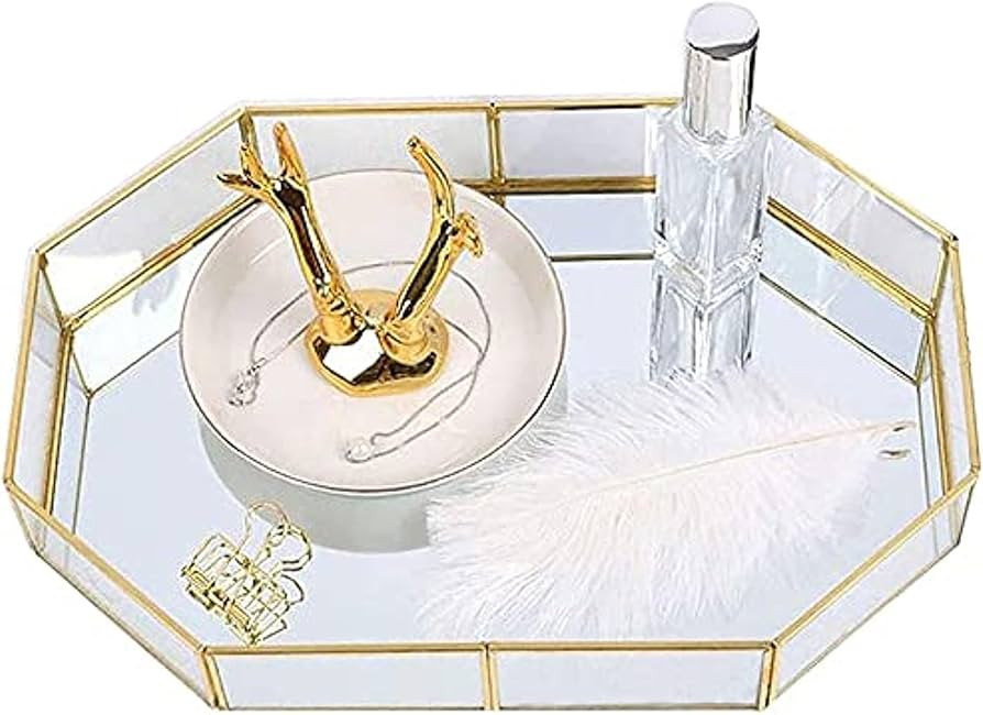Decorative Metal Mirror Catchall Tray, Glass Vanity Tray, Dresser Tray, Jewelry Display Tray, Van... | Amazon (US)
