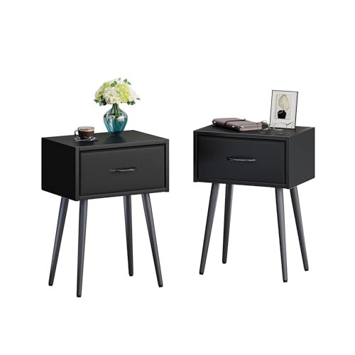 Small Black Nightstands Set of 2, Bedside Table with Fabric Drawer, Modern End Table with Metal Leg, Couch Side Table for Bedroom Living Room, Sofa, Office LNT504B | Amazon (US)