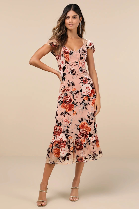 Composed Beauty Blush Pink Burnout Velvet Floral Midi Dress | Lulus